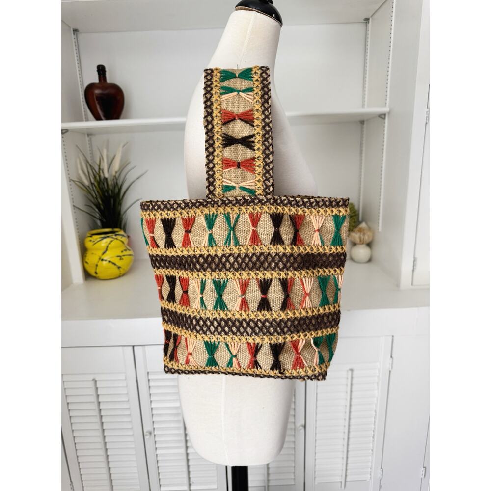 Vintage Woven Jute Burlap Embroidered Geometric Stripe Tote Bag